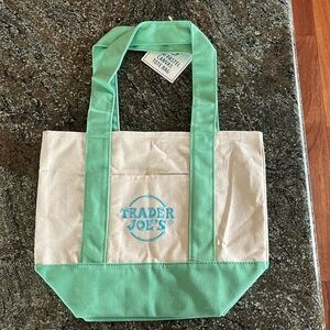 Trader Joe’s Mini Canvas Tote Green Blue Stitching Pastel Limited Edition NWT